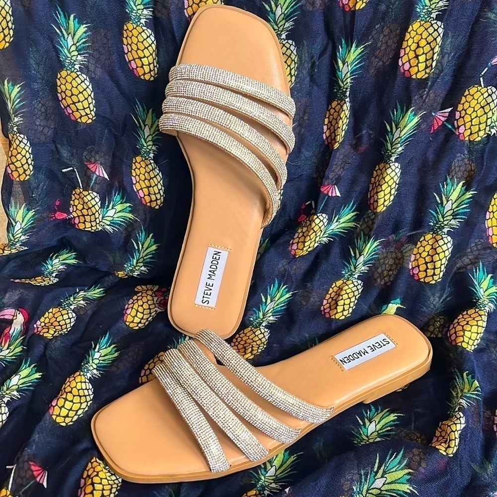 Brand New Steve Madden Rhinestone Multi-Strap Slip-On Sandals Bling Snazzy Slide - Picture 2 of 14